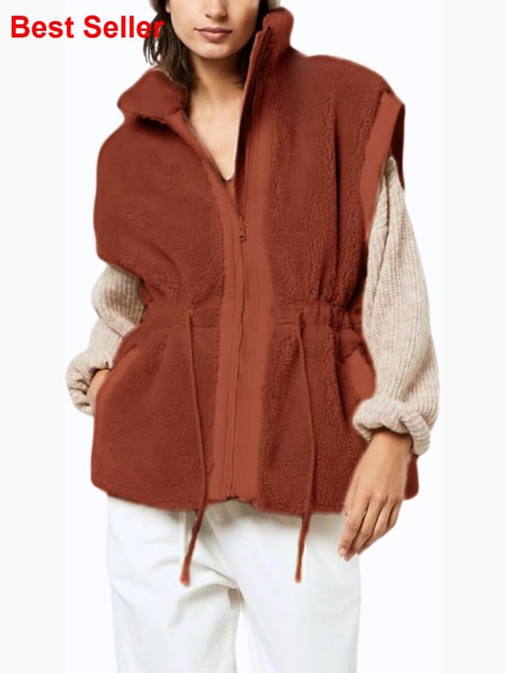 Fleece Vest Zip Up Cap Sleeve Sherpa Jacket with Waist Tie and Pockets